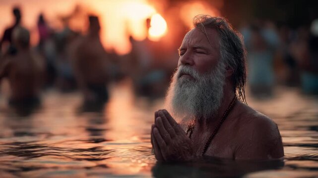 Mature man with beard praying in water at sunset spiritual experience