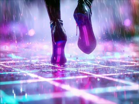 A low-angle shot focuses on the feet of someone wearing high-heeled boots with glowing neon accents, standing on a wet, grid-patterned floor illuminated by vibr - Powered by Adobe