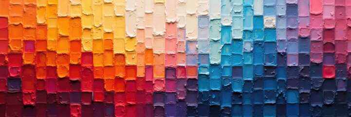 Vivid abstract artwork showcases a spectrum of colors, transitioning from warm reds and oranges to cool blues and purples, creating a textured, expressive, and colorful composition with a square-like