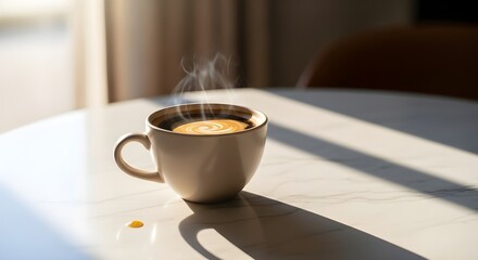 A steaming cup of coffee on a white table with sunlight and shadow patterns cast on it