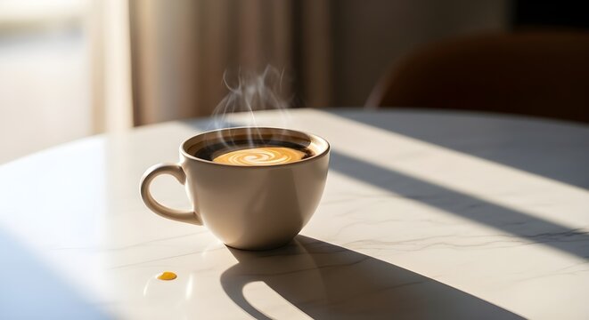 A steaming cup of coffee on a white table with sunlight and shadow patterns cast on it
