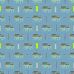 A charming seamless vector pattern featuring pencils, art supplies, and small heart motifs in a layered, decorative arrangement.