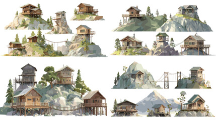 Illustration set of wooden cabins built on cliffs and rocky hillsides with forest views and rustic textures. Perfect for adventure themes, nature design, survival concepts, and mountain landscapes.
