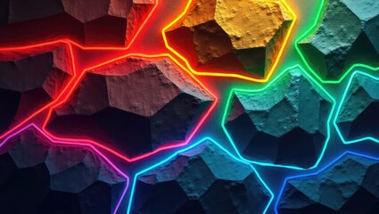 Vivid abstract composition features polygonal stone shapes with colorful neon lines tracing their edges, showcasing a modern, vibrant, and digital art style with a textured, three-dimensional...