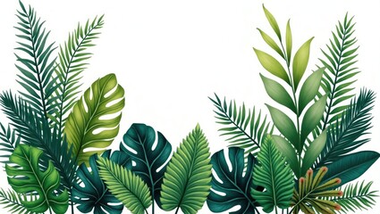 Lush tropical foliage arrangement showcases a vibrant array of green leaves, including ferns and monstera, against a clean white backdrop, creating a fresh and natural ambiance suitable for various...