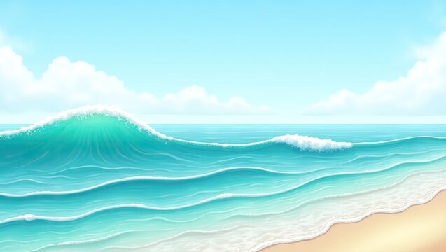 Beautiful illustration depicting a vibrant seascape with rolling turquoise waves crashing onto a golden sandy shore under a clear, azure sky dotted with fluffy white clouds.