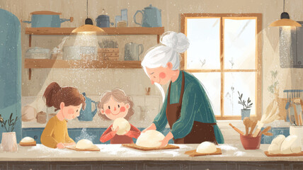 Warm family scene of grandmother and children joyfully preparing traditional paczki dough together in a cozy kitchen for Paczki Day celebrations.