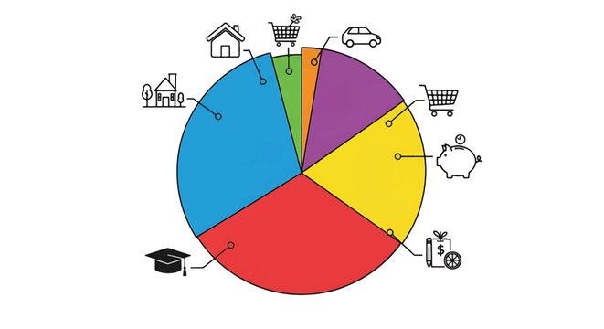 Financial Pie Chart Illustrating Budget Allocation for Housing, Education, Transportation, and Savings