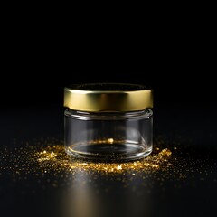 Luxury Empty Glass Jar with Gold Lid and Glitter Isolated background