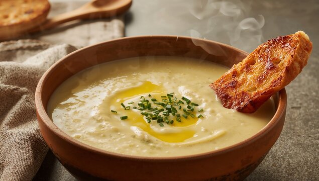 Potato Leek Soup, creamy blend of tender potatoes, saut&eacute;ed leeks, light herbs, and warm savory broth, classic comforting Western soup visuals

