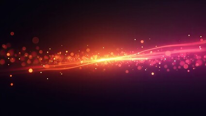 Dynamic abstract composition showcases an energetic flow of light, comprised of glowing particles and luminous lines across a dark, gradient background, with an inviting, vibrant color palette that...