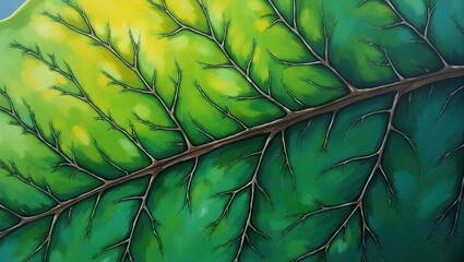 The detailed  showcases a vibrant, painted green leaf featuring intricate vein patterns, with a central stem creating a natural composition.