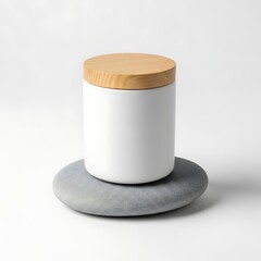 Minimalist White Jar Wooden Lid Product Display Stone Isolated background