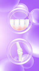 Hyaluronic acid teeth and gum, bone and joint solutions ad, purple collagen with cosmetic advertising background ready to use, illustration vector.	