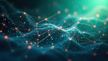 Captivating abstract digital rendering features flowing lines, intricate networks, and connected nodes, with glowing orange and teal accents creating a vibrant and futuristic composition against a...