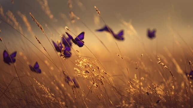 Group of Purple Butterfly in a warm golden meadow at dusk