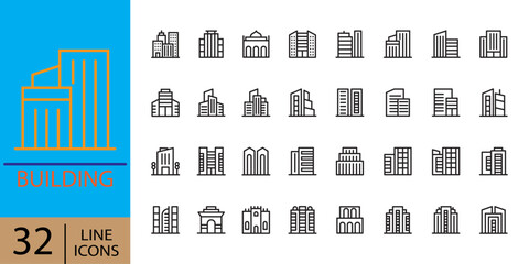 Building icons set. Vector illustration thin line modern style of building, Urban architecture, city skyscraper, downtown. A diverse collection of architectural building icons in a minimalist style. 
