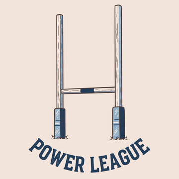 Rugby Goalposts Vintage Graphic.Power League Sport Emblem.Retro Rugby Field Posts Art.Hand Drawn Football Goal.H Shaped Posts Badge Design