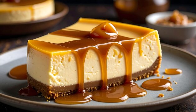 Close-up of a delectable cheesecake slice, generously drizzled with caramel, set on a plate. Other desserts in background