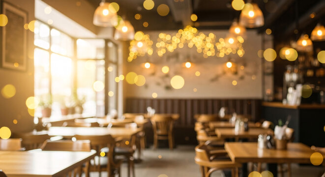 Warmly lit restaurant interior with wooden tables and bokeh lights dining chairs