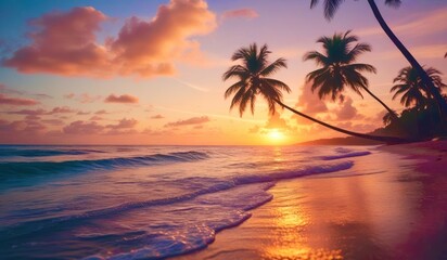 A beautiful sunset over the ocean with palm trees in the background