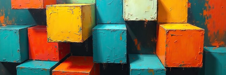 Abstract artwork presents a vibrant arrangement of colorful cubes, showcasing rich texture and dynamic composition.