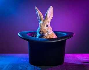 Rabbit in a magic hat, vibrant lighting