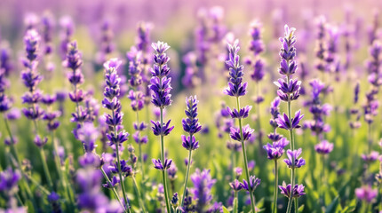 A serene field of lavender in bloom bathed in soft sunlight evoking peace and tranquility with a