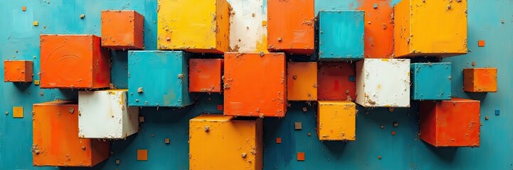 An abstract artistic composition showcases a vibrant arrangement of colorful square blocks, each with unique textures, hues, and shadows.