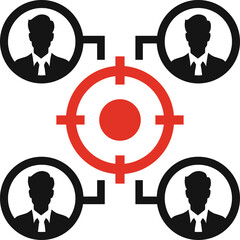 Targeting Multiple Business People Icons Connected to a Central Red Aiming Scope Illustration of Teamwork or Focus Strategy