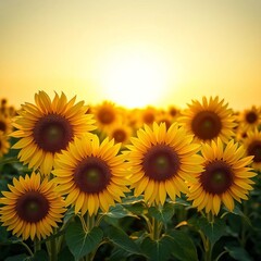 Obraz premium Bright yellow sunflower faces turning towards the warm sun in a field, plant, large flower