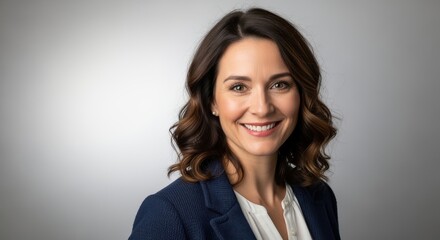 Smiling woman with wavy brown hair posing in a navy jacket against a neutral gray backdrop