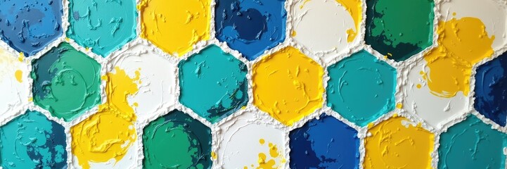 Colorful painted hexagons display a vibrant palette of blues, greens, yellows, and white, offering a textured surface and intricate visual interest with abstract artistic design and composition.