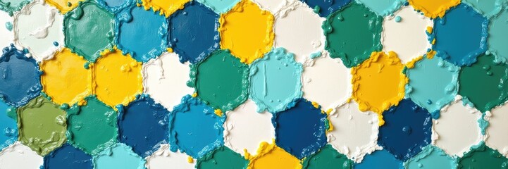 Textured artwork displays an abstract mosaic pattern comprised of hexagonal shapes, showcasing a diverse palette.