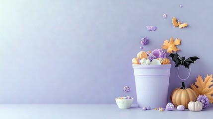 A pastel-colored bucket overflowing with Halloween treats, surrounded by pumpkins, autumn leaves, and decorative elements like a bat and butterflies.