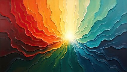 Radiant abstract artwork showcasing a vibrant spectrum of colors radiating outwards from a central point, suggesting light, energy, and transformation; this piece evokes feelings of warmth,...