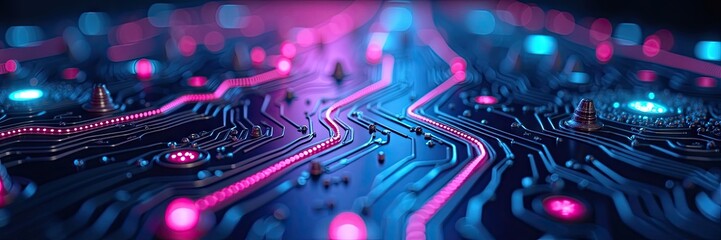 Complex digital circuit board illustration, featuring glowing neon pathways and connections, with a futuristic and technical aesthetic.