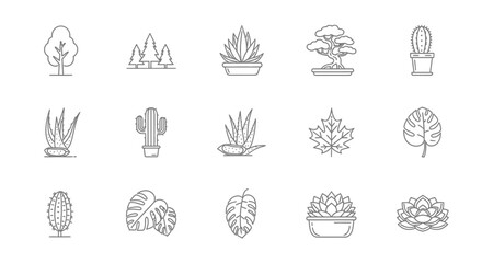Collection of various potted plants and cacti in a line art style