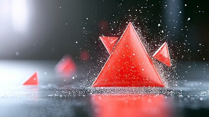 Several red geometric triangles are scattered across a dark, reflective surface, with small white sparkling particles floating around them.