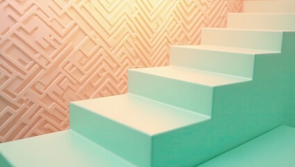 Vertical shot showing mint green colored steps against a wall with a geometric pattern of pale coral and yellowish colors, illuminated with soft light from the top, demonstrating a creative space for.