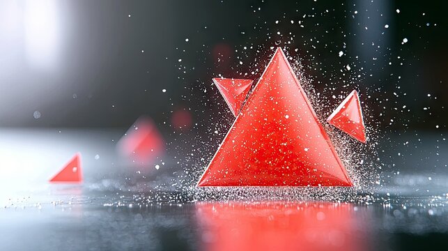 Several red geometric triangles are scattered across a dark, reflective surface, with small white sparkling particles floating around them.