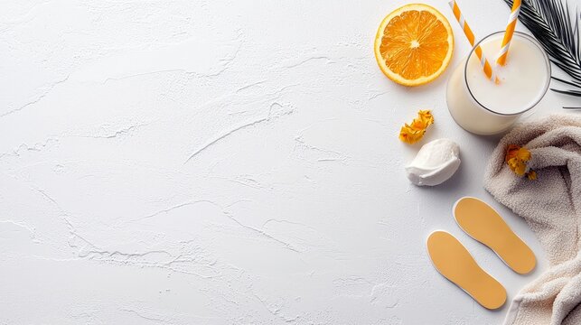 A refreshing white drink with orange slices and spa items like a towel and flip-flops are arranged on a textured white surface.