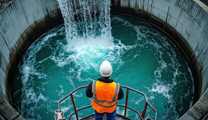 A worker in safety gear observes a swirling water flow in a circular basin, emphasizing industrial water management and safety.