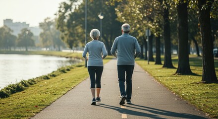 Senior couple jogging together along a paved path beside a lake in a tranquil park setting