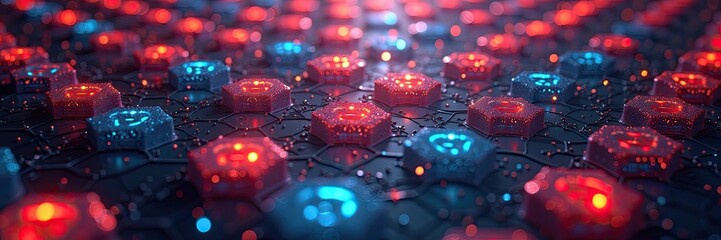 Numerous hexagonal, glowing structures illuminate a dark, geometric surface; the composition utilizes a shallow depth of field showcasing vibrant red and blue tones that evoke a sense of futuristic...