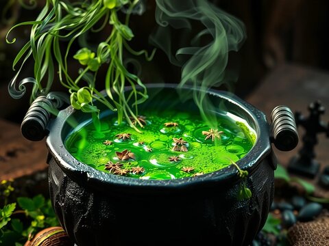 Witch's cauldron bubbling with green potion and herbs, potion, bubbling - Powered by Adobe