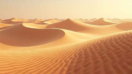 Scenic desert landscape presents undulating sand dunes under a soft, warm, and natural light.