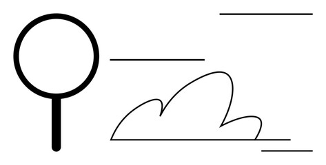 Magnifying glass next to a cloud shape with sleek lines. Ideal for research, analysis, exploration, focus, discovery, technology, and innovation concepts. Simple flat metaphor