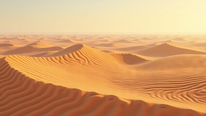 Majestic desert landscape reveals undulating sand dunes, textured with natural patterns under a warm, hazy atmosphere.