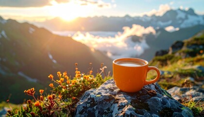 Orange coffee cup on a mountain peak with snowy ranges and misty clouds at sunrise, symbolizing adventure, calm, and nature.